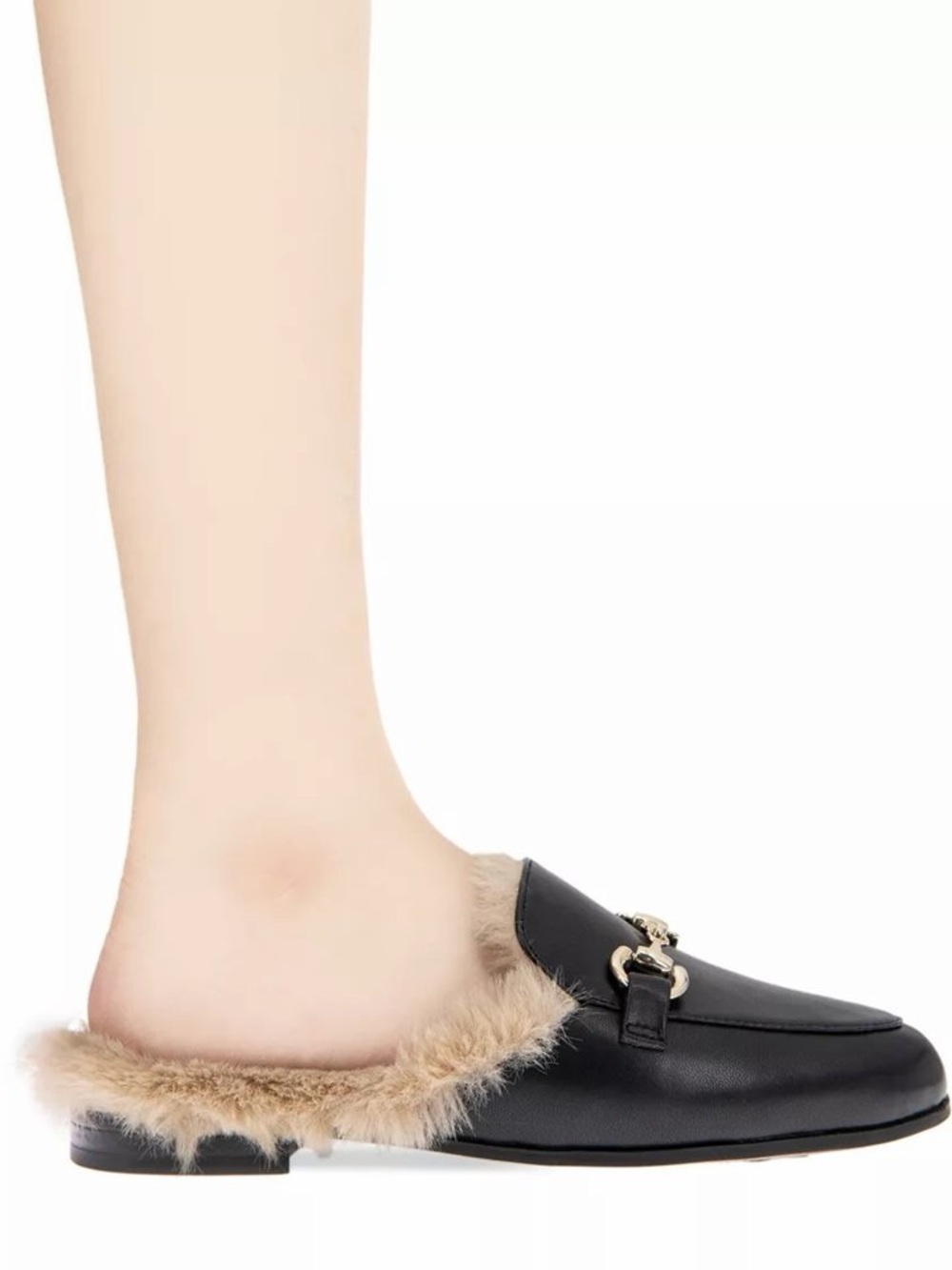 BCBGeneration Zorie black leather Mule with Beige Faux-Fur Trim and Gold Accent
